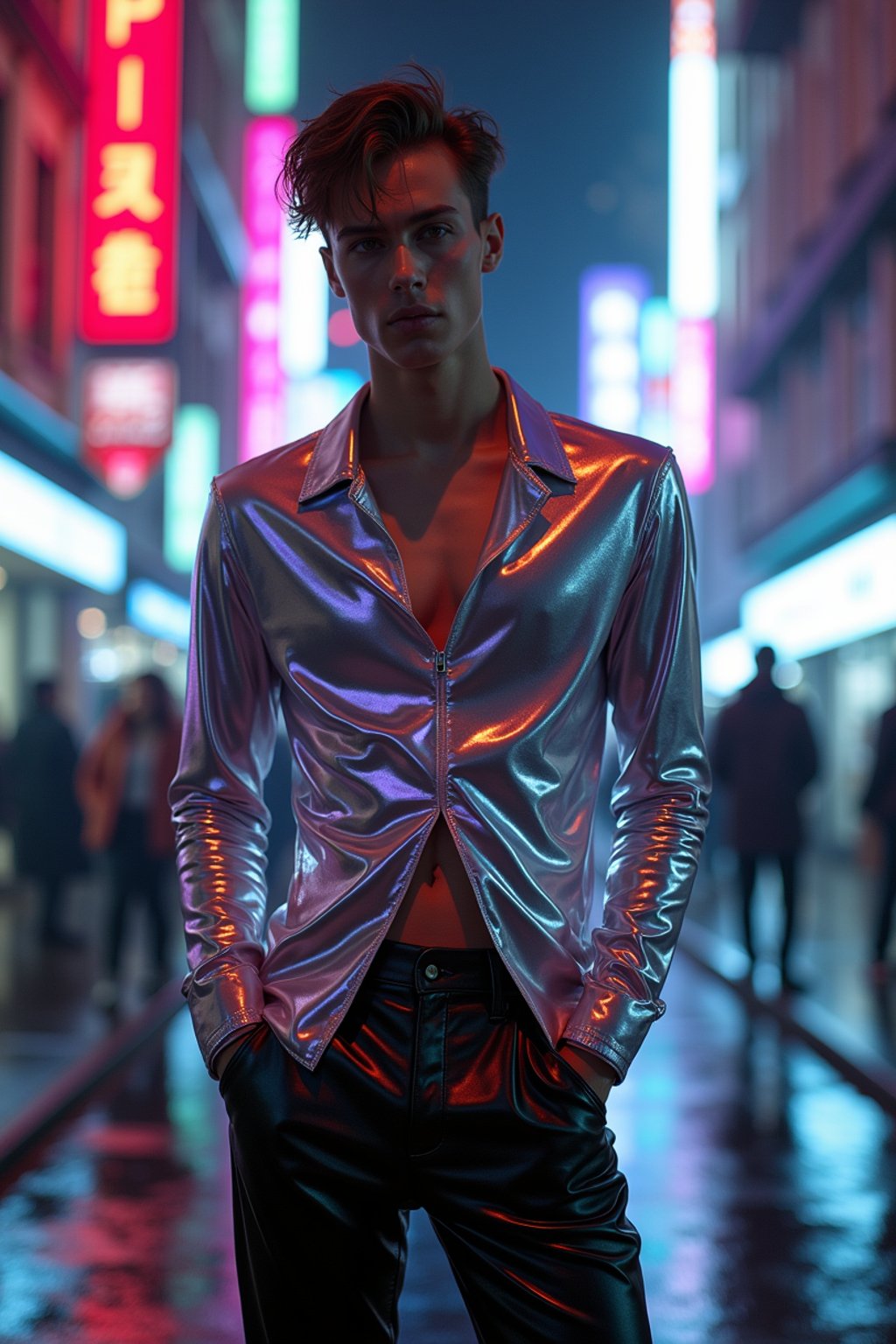 man wearing sleek leather pants with neon highlights and holographic top in a Bladerunner-inspired cityscape