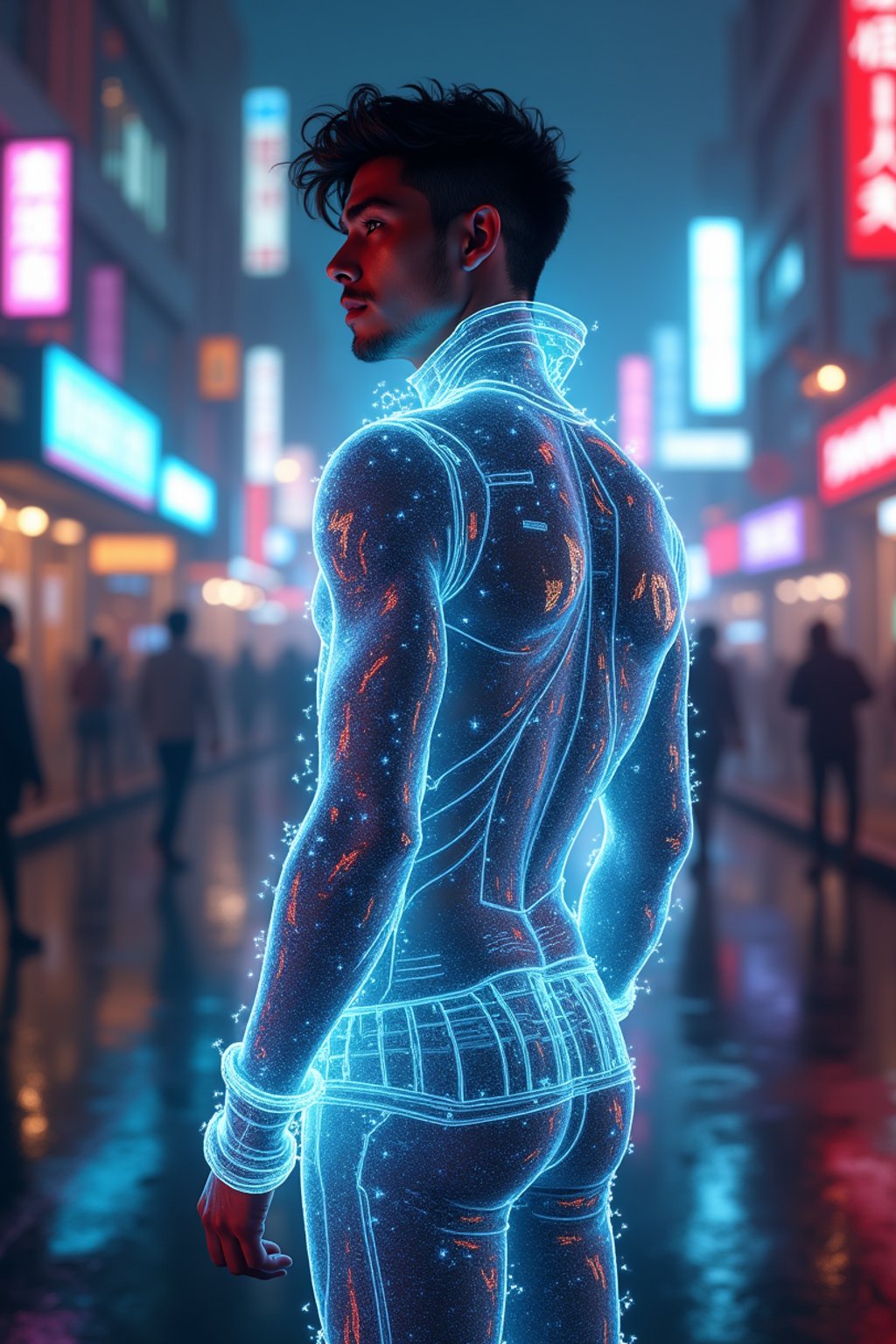 man wearing  holographic nightclub outfit in a cybernetic cityscape