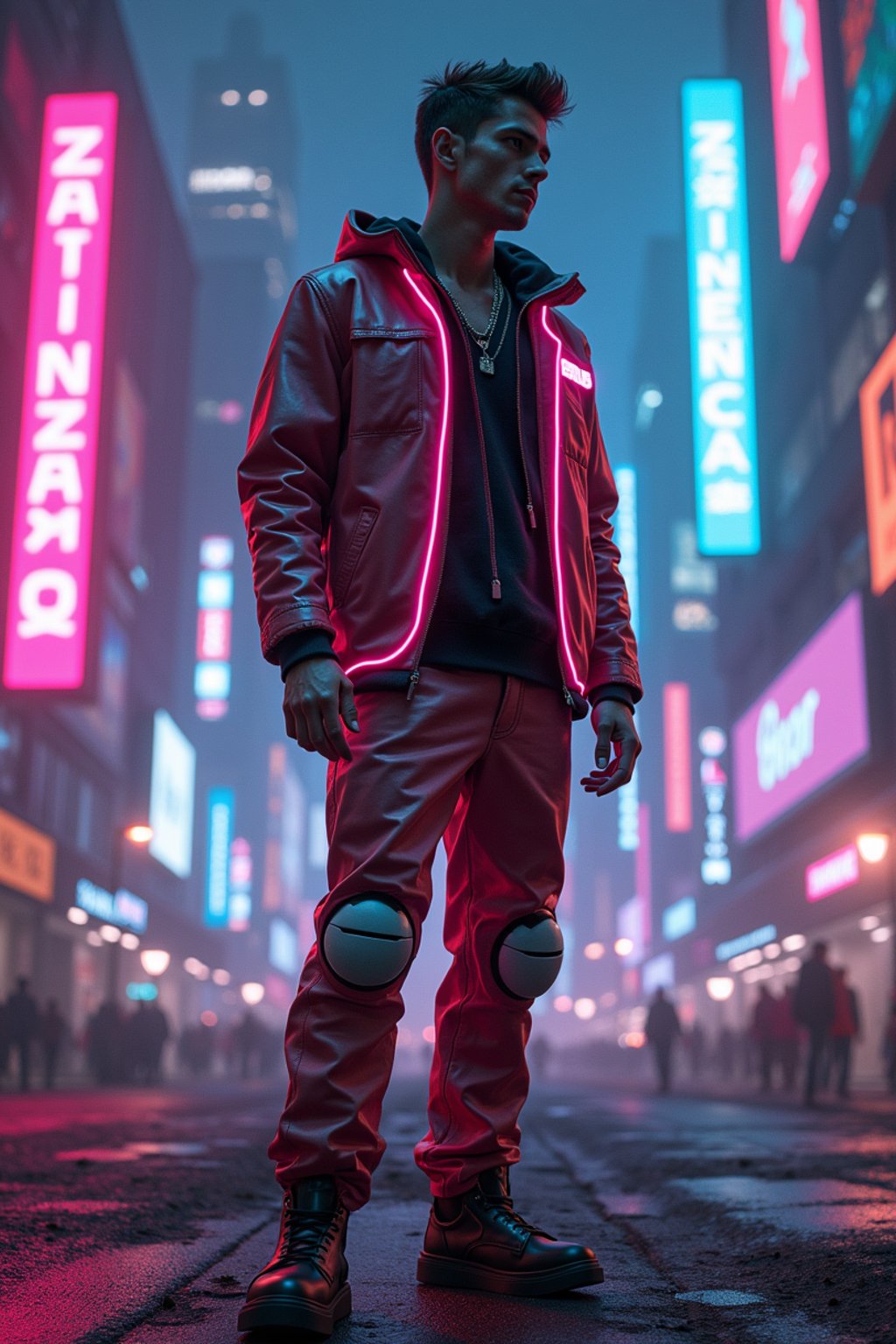 cyberpunk man with futuristic cyberpunk neon clothes standing in cyberpunk city with neon lights city on Mars in future, neon billboards, skyscrapers