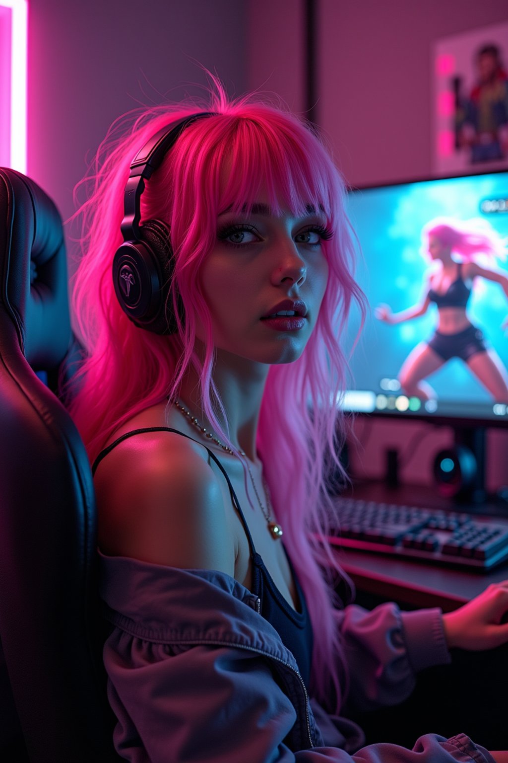 amazingly detailed man, masterpiece, ultra hd, full shot, dynamic angle, beautiful girl, computer gamer, gaming computer, gaming chair, playing cyberpunk 2077, neon bedroom, streamer setup, , cyberpunk theme, wild long hair, Wavy Cut with Curtain Bangs, bubblegum pink hair, high detail hair, smokey eye shadow, high detail skin, high detail eyes, seductive eyes, smokey makeup