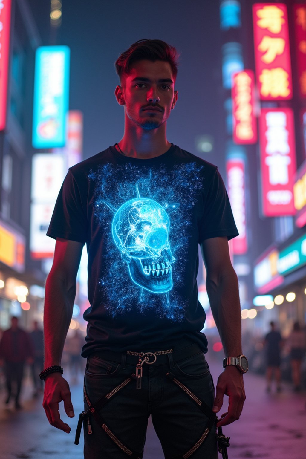 man wearing  holographic t-shirt and cybernetic trousers in a neon-lit Bladerunner-inspired cityscape