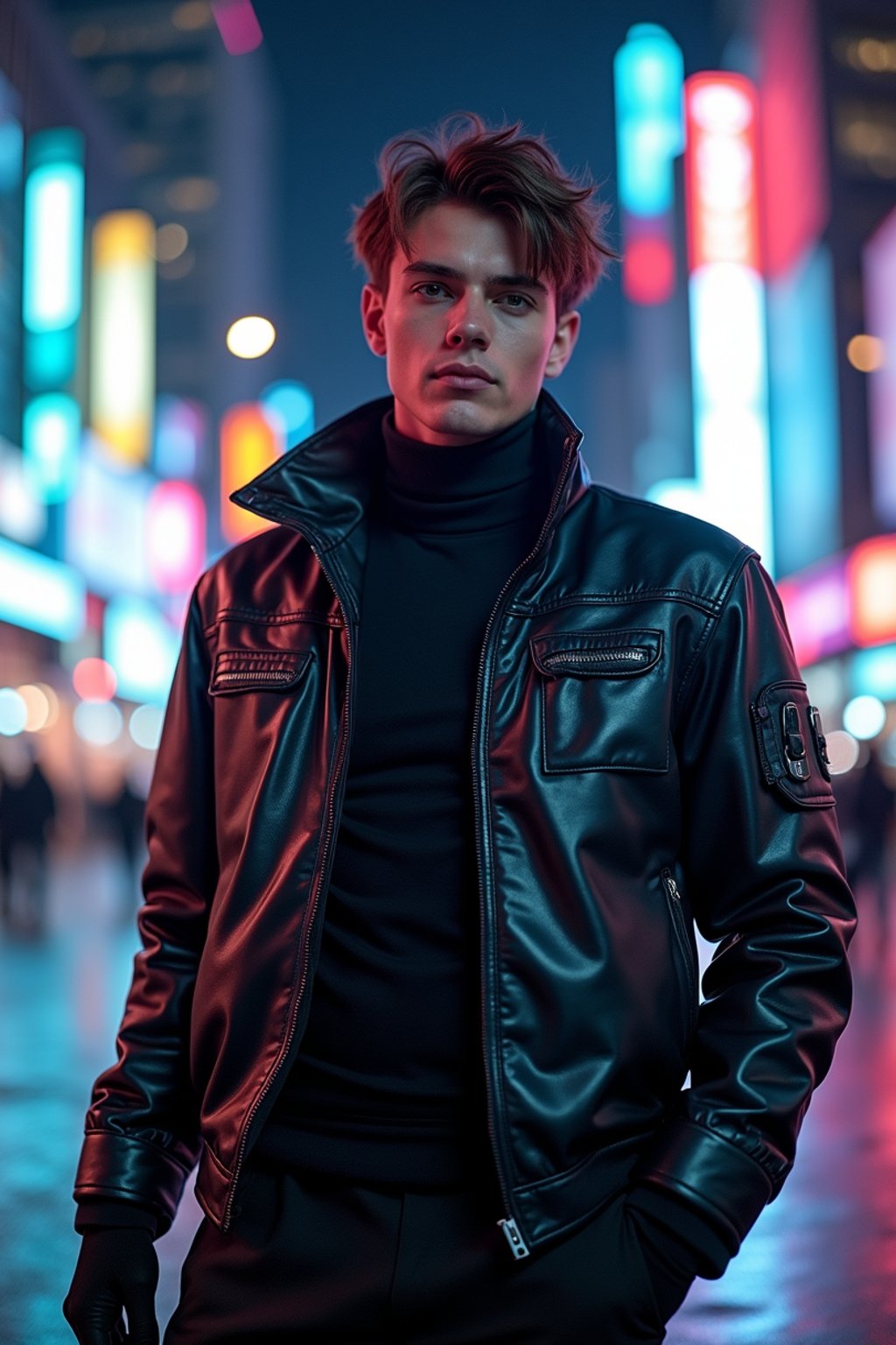 cosplayer man in a cyberpunk outfit, posing against the backdrop of bright city lights