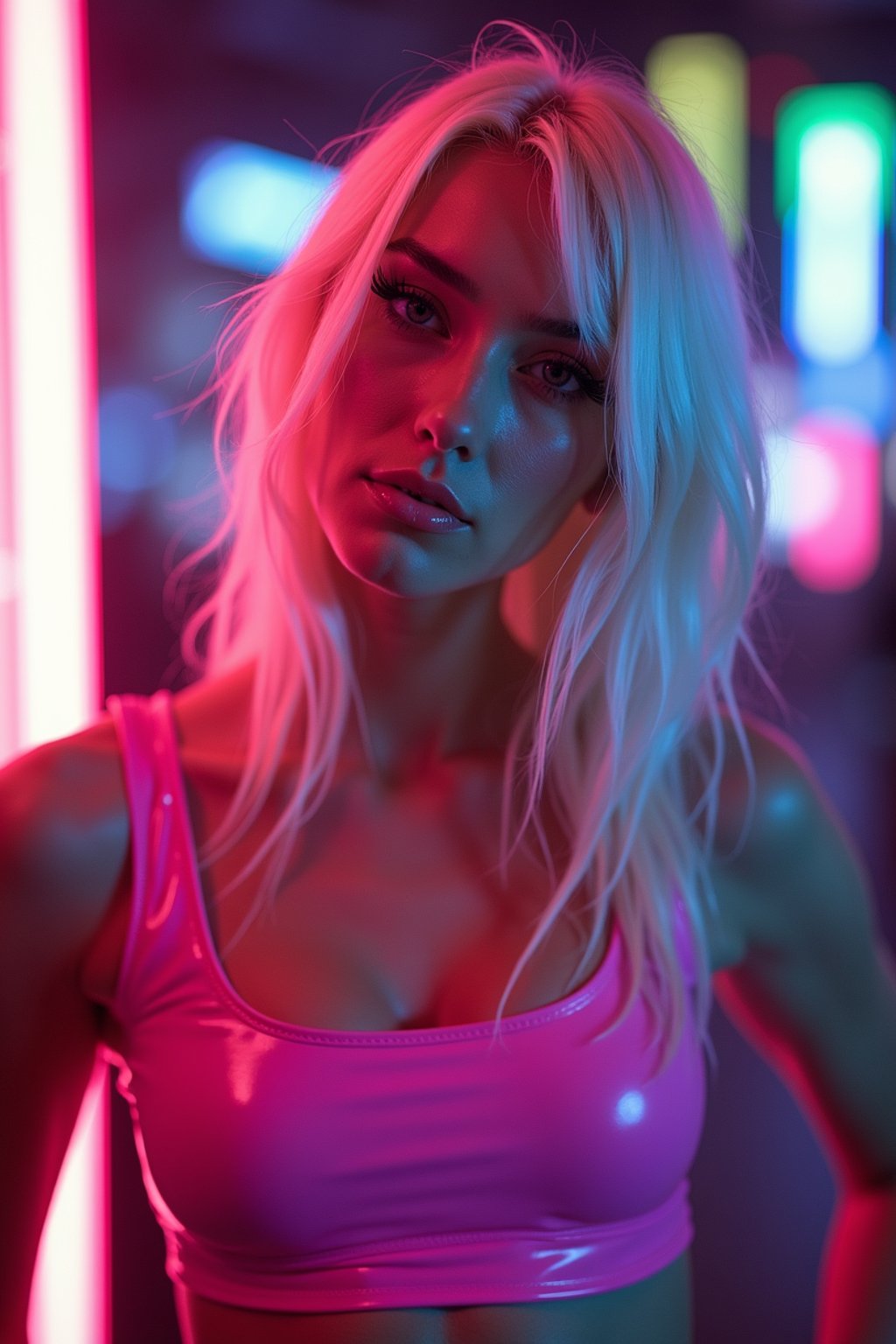 man with platinum blonde hair, in neon bar, cyberpunk, pink latex crop top, professional award winning photography, beautiful detailed eyes, highly detailed glossy eyes, high detailed skin, skin pores