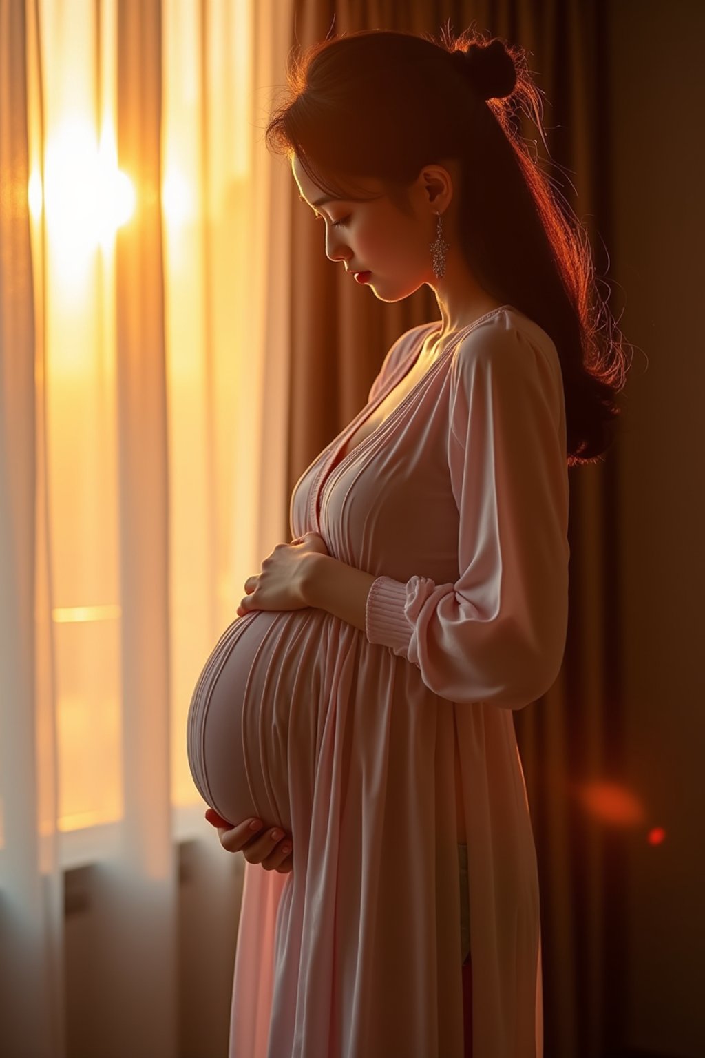 healthy pregnant woman in maternity photographs, beautiful pregnant woman, maternity photography in beautiful home. golden hour