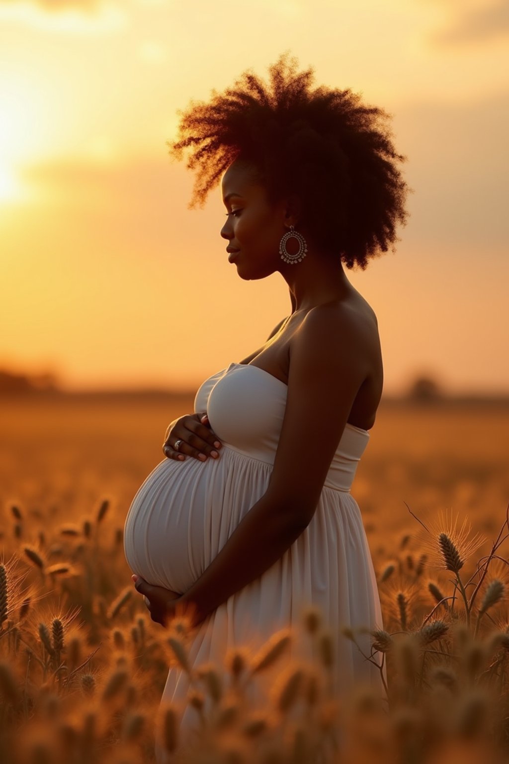 healthy pregnant woman in maternity photographs, beautiful pregnant woman, maternity photography in field of wheat. golden hour