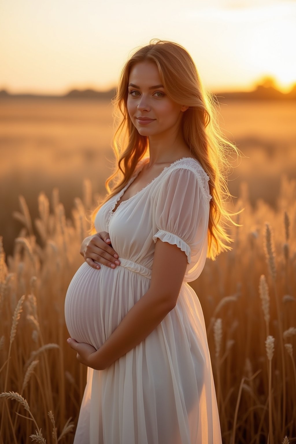 healthy pregnant woman in maternity photographs, beautiful pregnant woman, maternity photography in field of wheat. golden hour