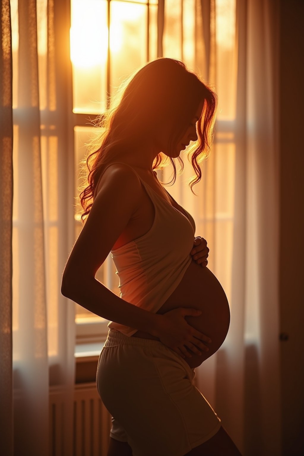 healthy pregnant woman in maternity photographs, beautiful pregnant woman, maternity photography in beautiful home. golden hour