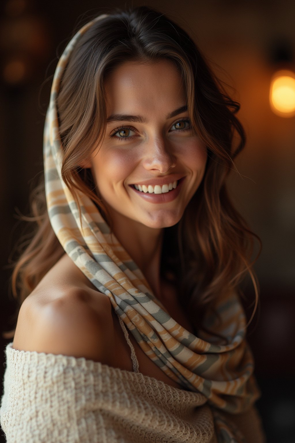 woman with a seductive smile, donned in a soft silk scarf , under warm indoor lighting