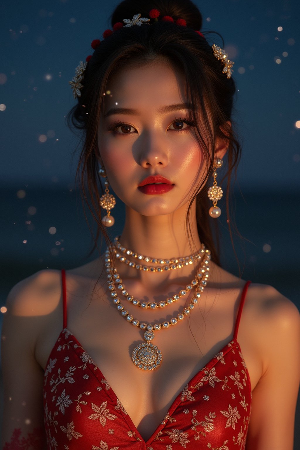 woman with magnetic appeal, adorned in sparkling jewelry , against a starry night backdrop