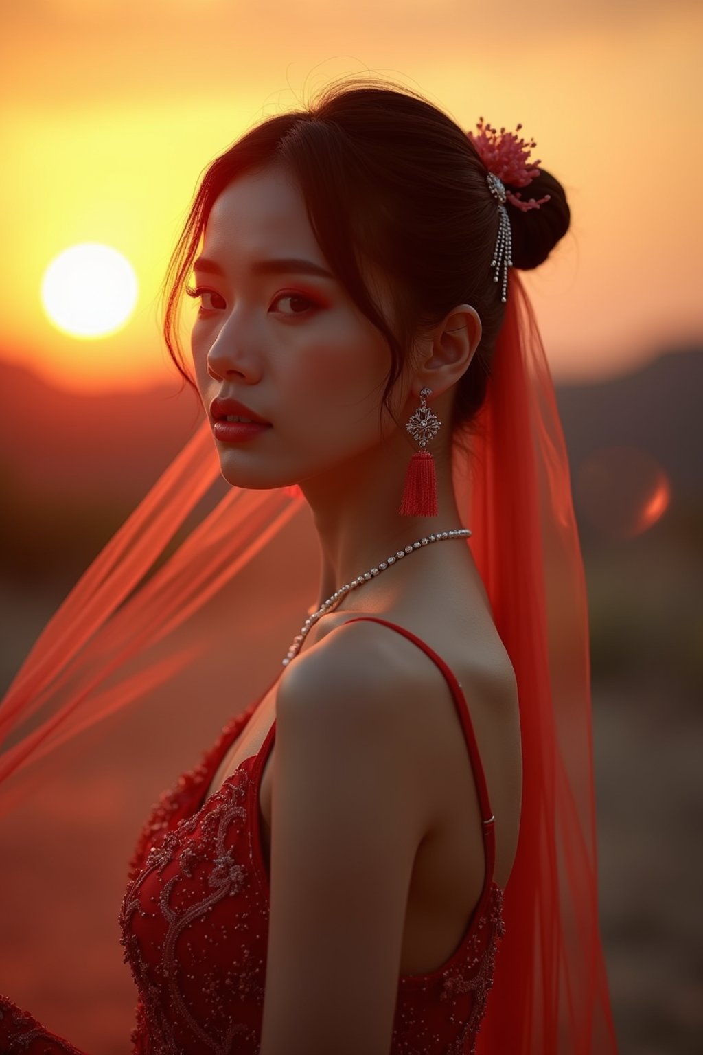 woman in sophisticated evening wear , radiating allure under the soft glow of a sunset