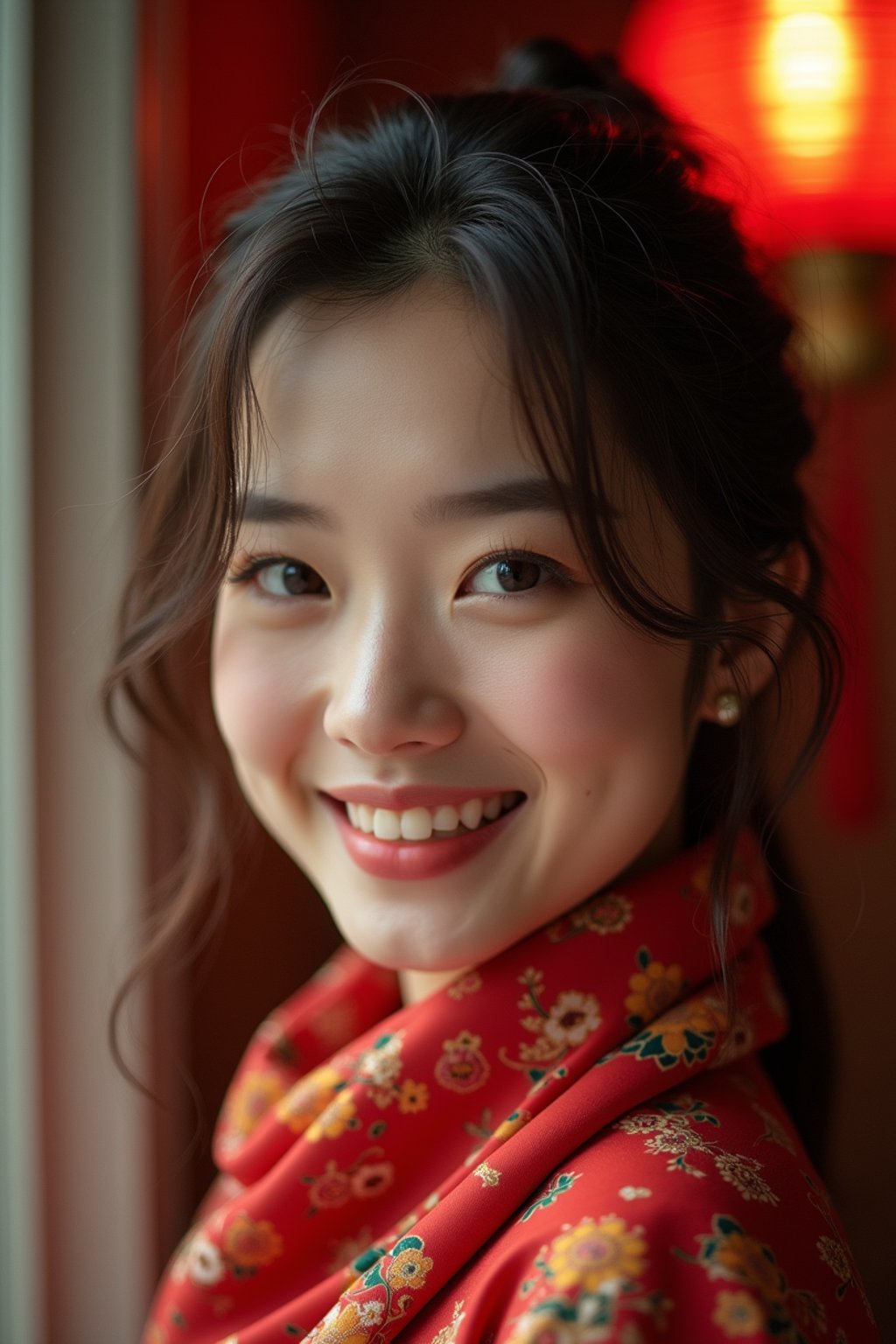 woman with a seductive smile, donned in a soft silk scarf , under warm indoor lighting