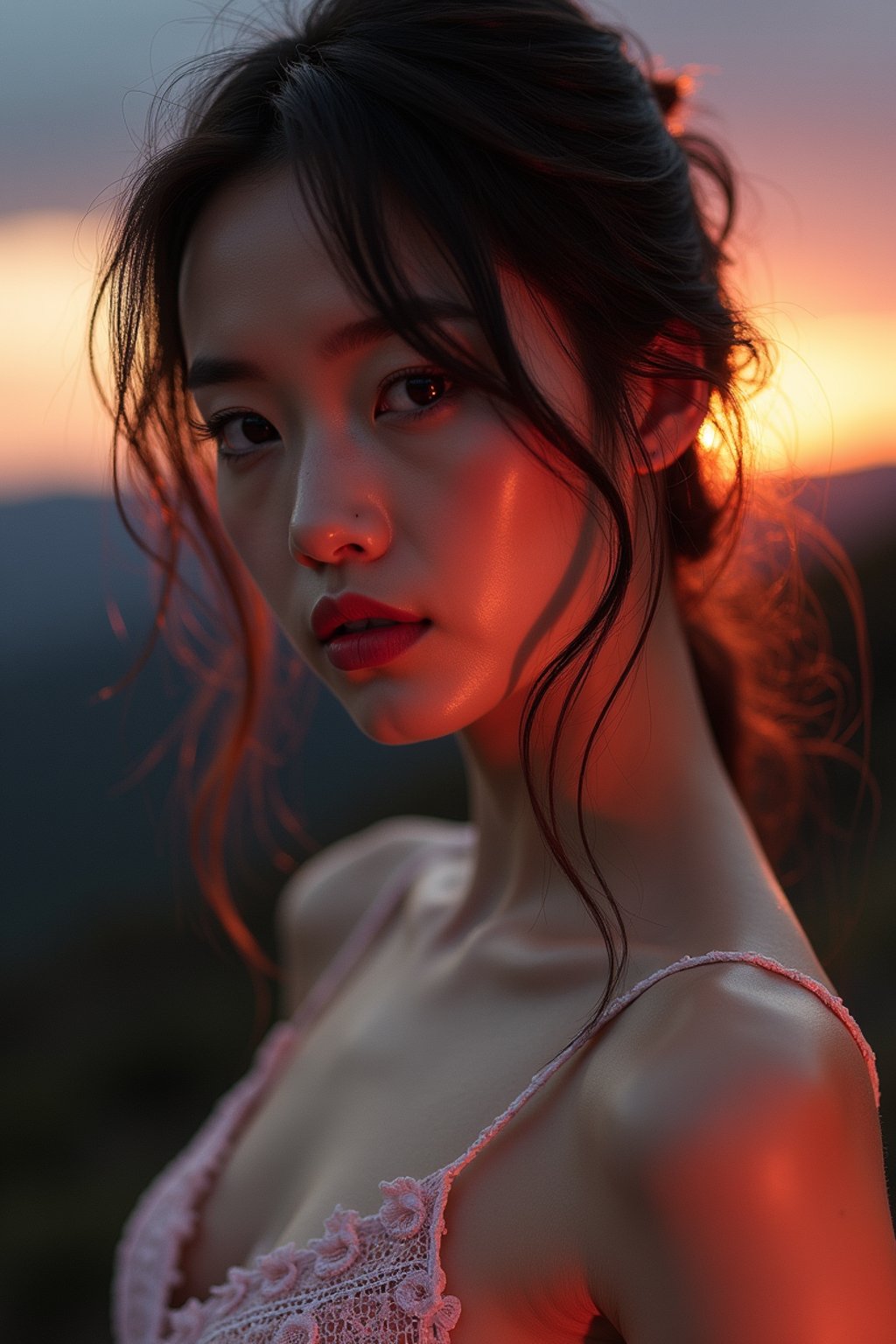 woman with enticing gaze, adorned with a delicate lace outfit  against a twilight backdrop