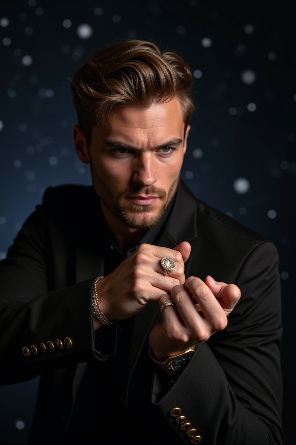 man with magnetic appeal, adorned in  luxurious cufflinks, against a starry night backdrop