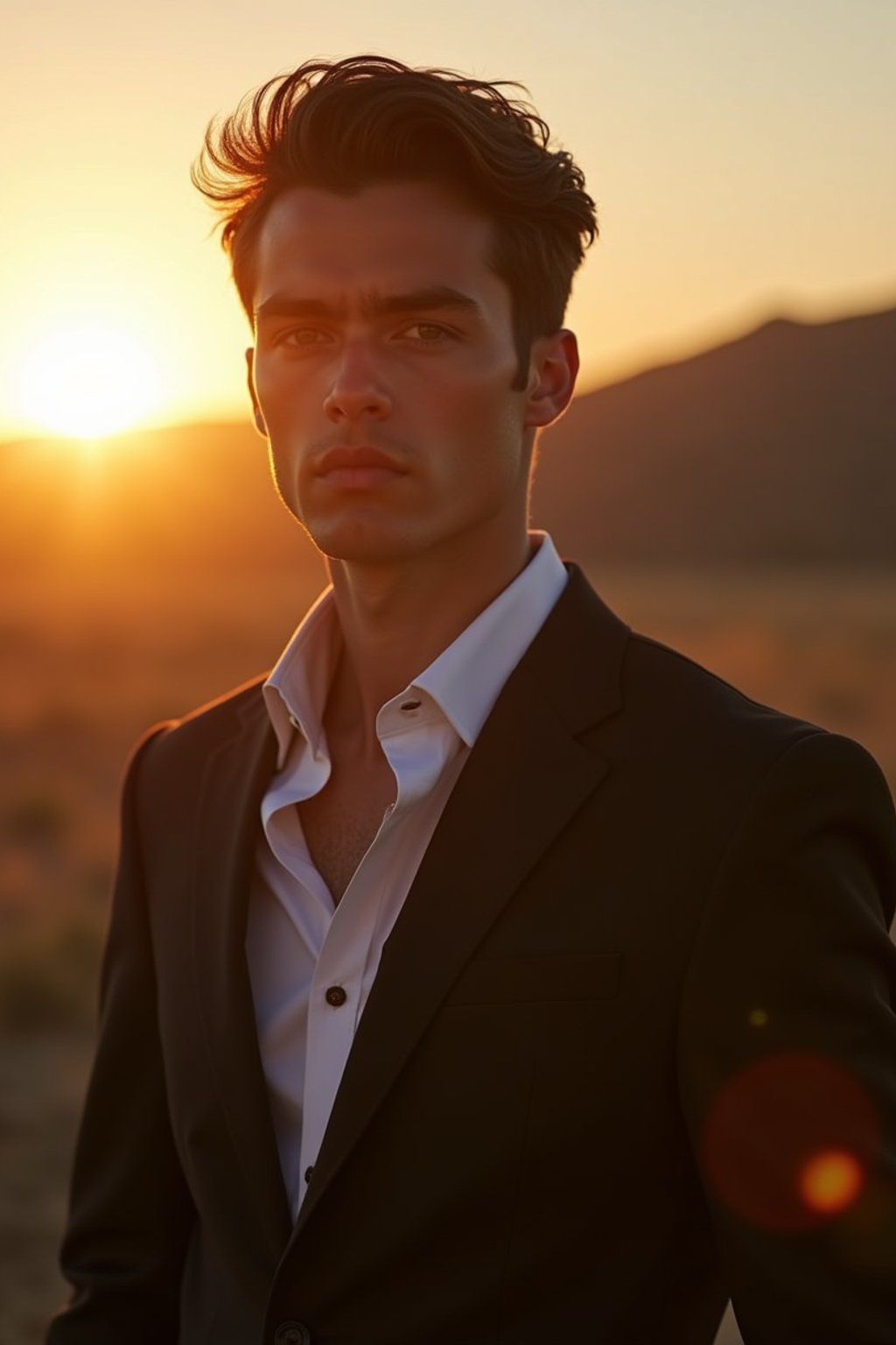 man in  dapper suit, radiating allure under the soft glow of a sunset