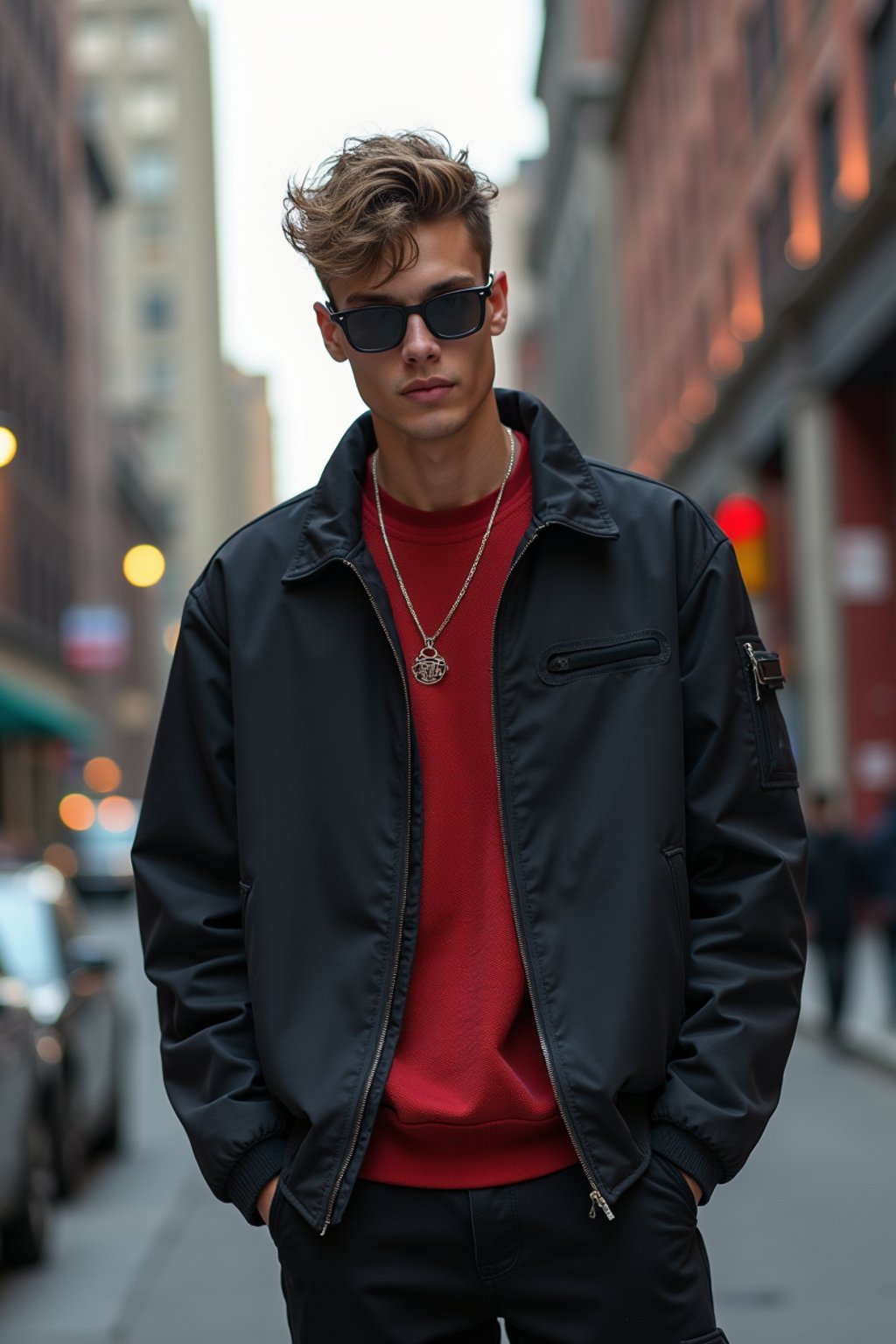 man in  modern, fashionable attire against an edgy urban backdrop