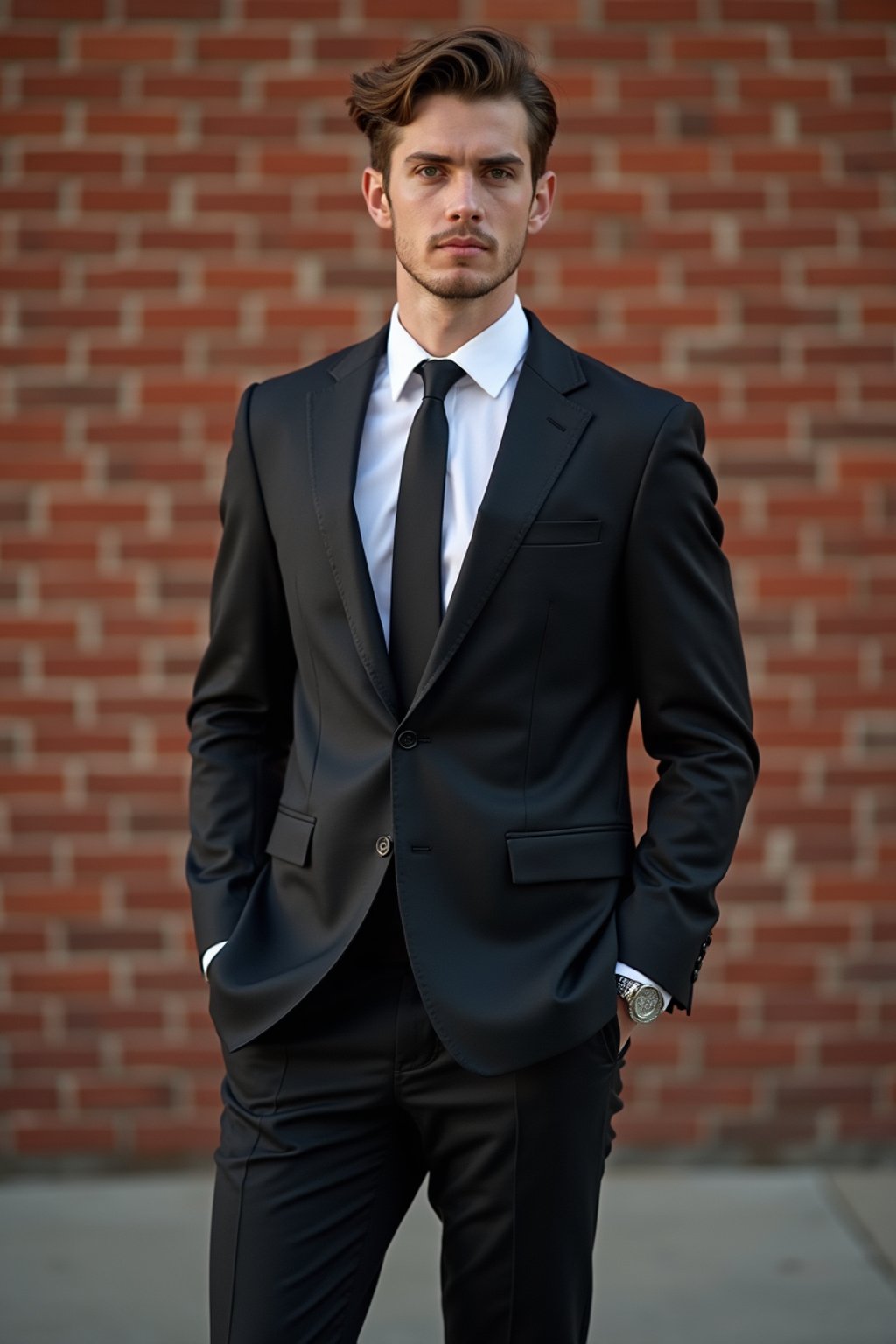 (full-body shot) of man in  sharp, tailored suit against a classic brick wall background