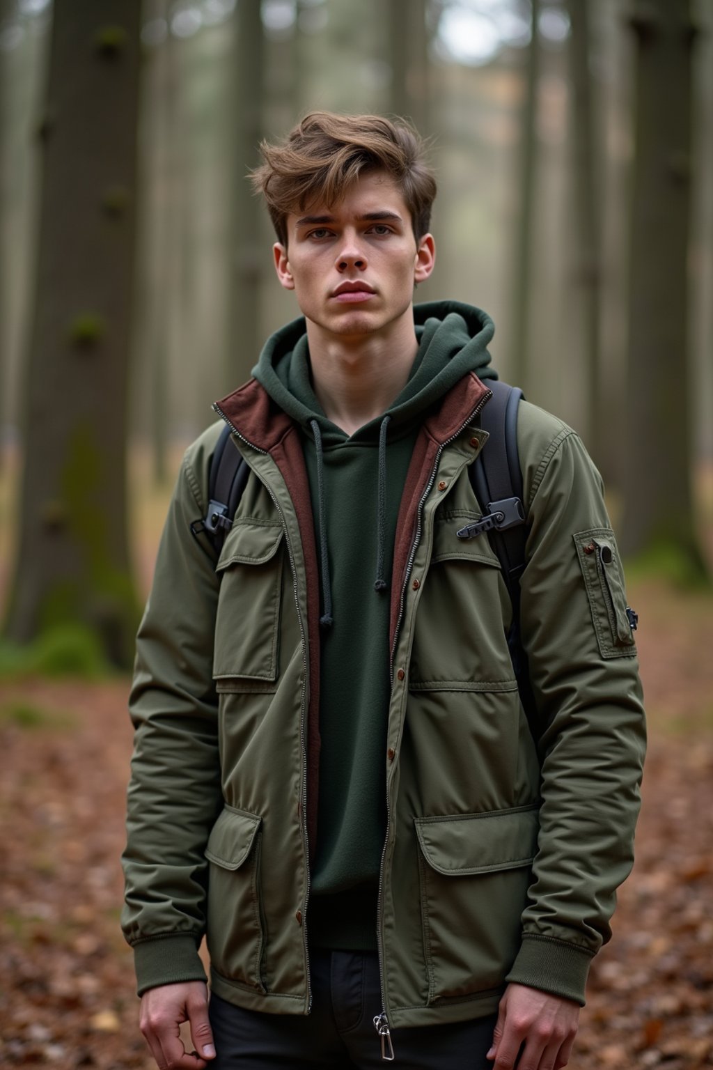 man with enticing allure in  rugged outdoor outfit in a serene forest setting