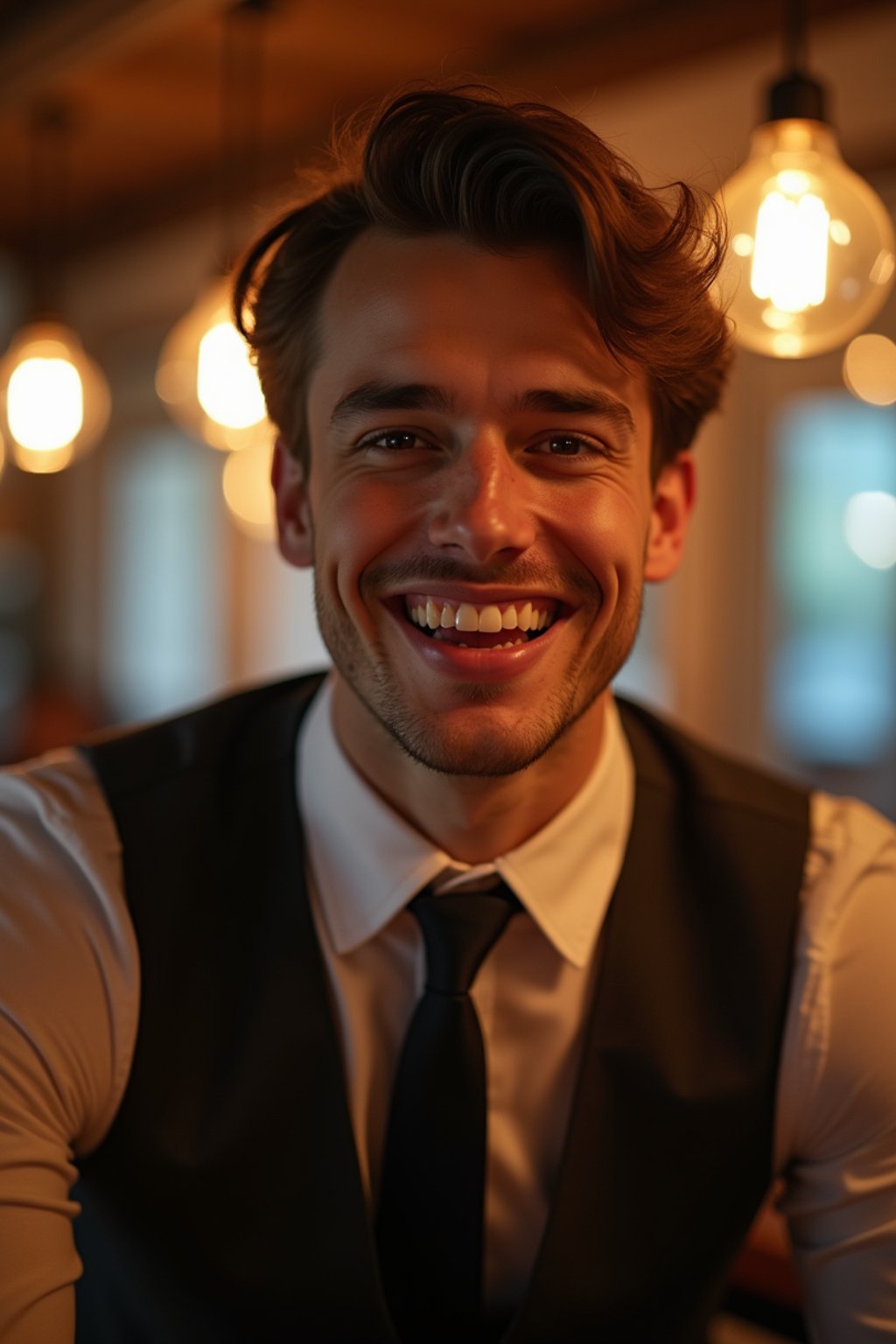 man with a seductive smile, donned in a  classy tie, under warm indoor lighting