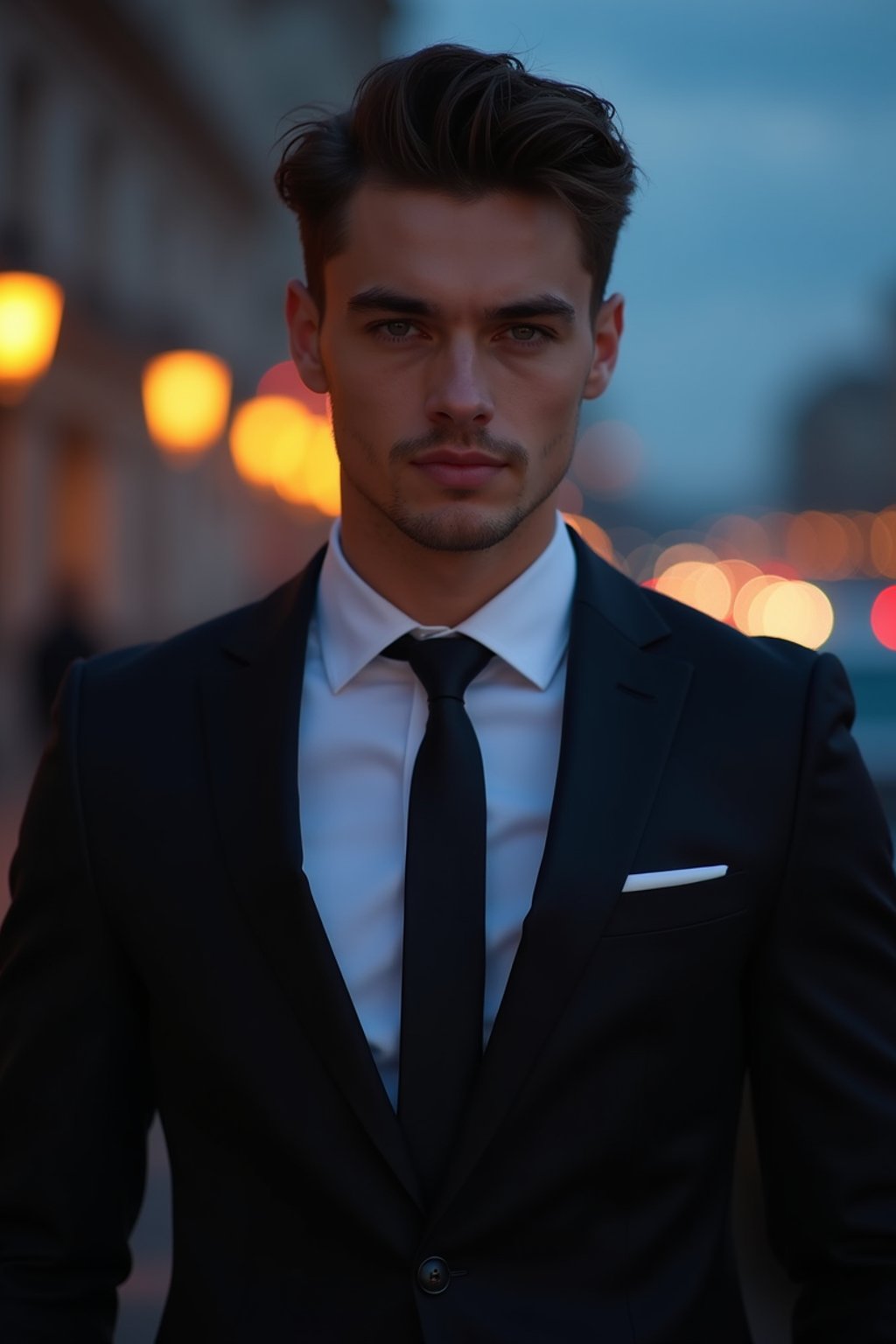 man with enticing gaze, adorned with  sharp, stylish suit against a twilight backdrop