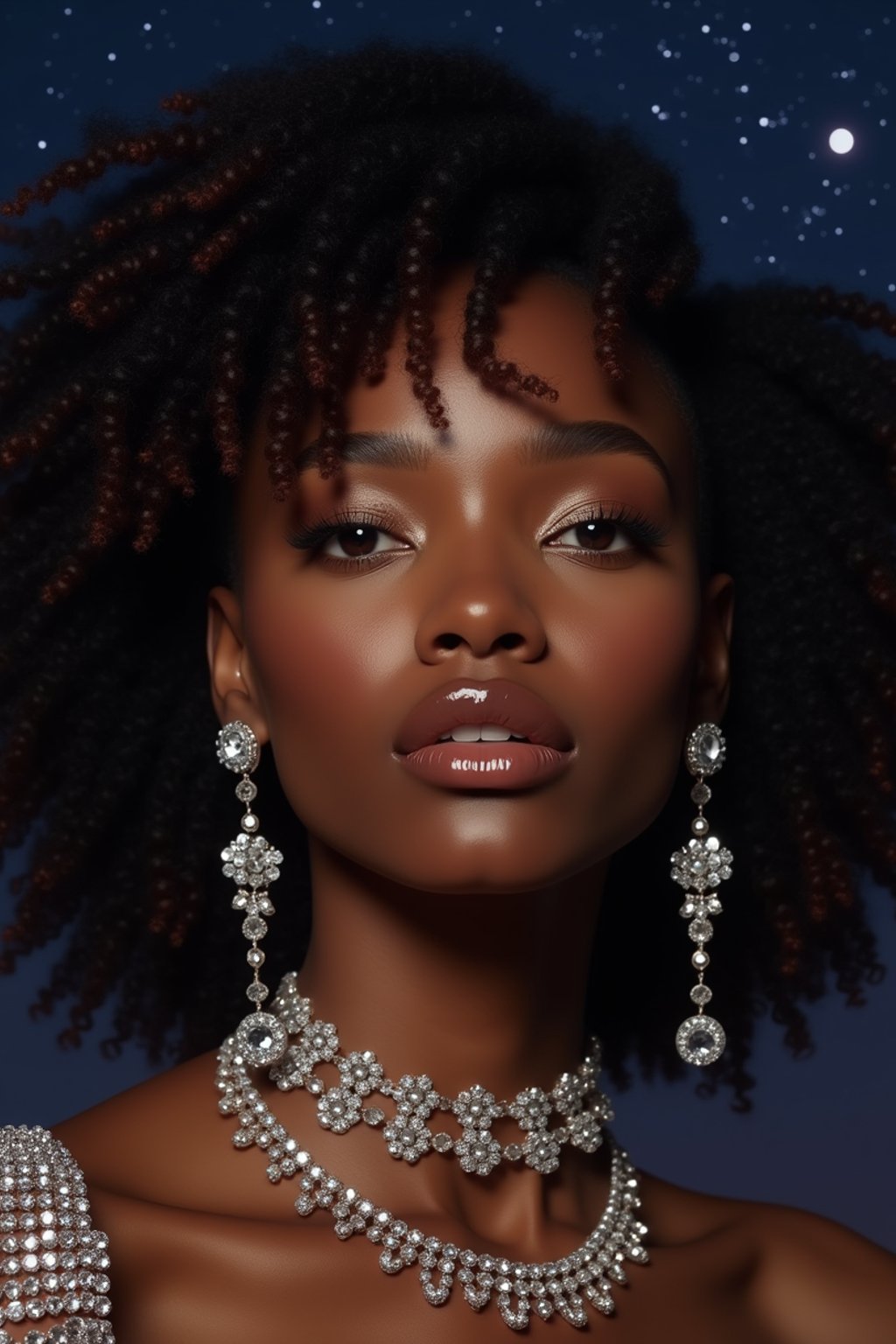 woman with magnetic appeal, adorned in sparkling jewelry , against a starry night backdrop