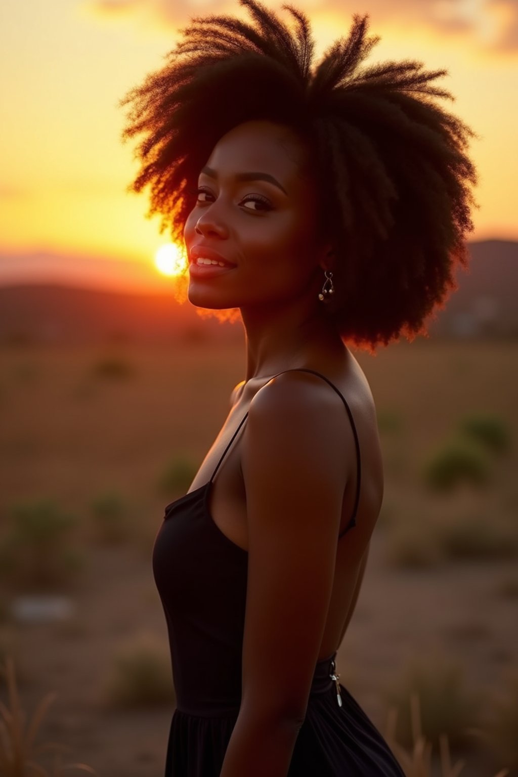 woman in sophisticated evening wear , radiating allure under the soft glow of a sunset