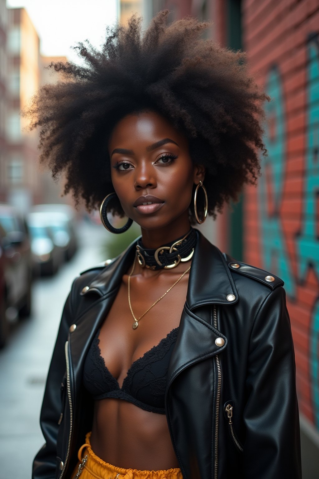 woman in daring, edgy ensemble  against an edgy urban backdrop