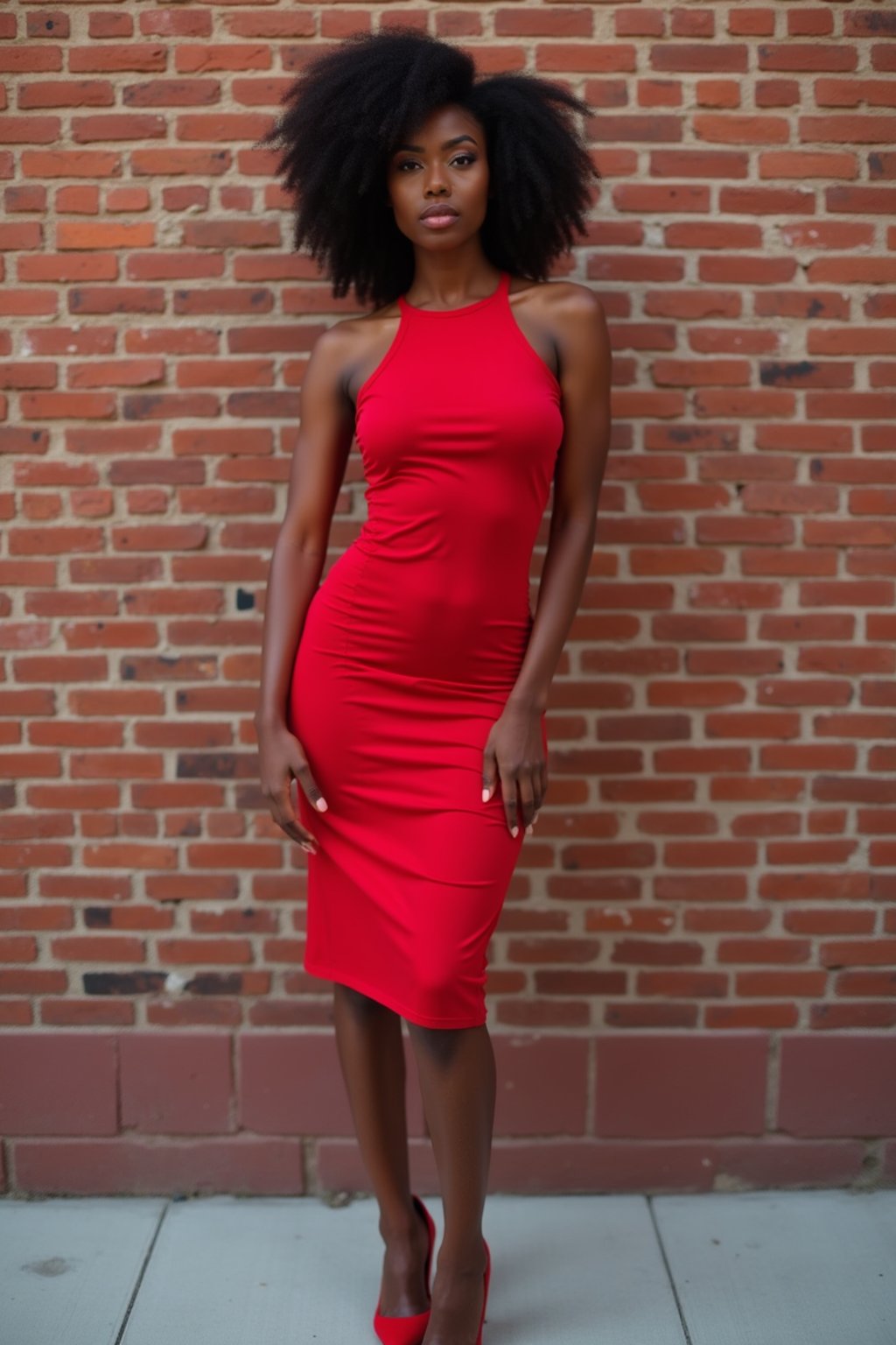 (full-body shot) of woman in bold, fitted dress  against a classic brick wall background