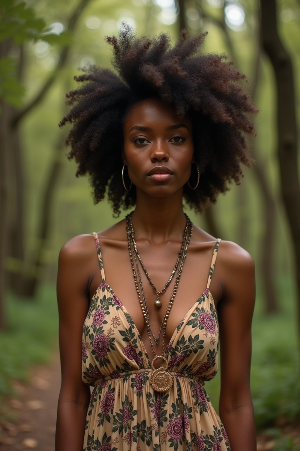 woman with enticing allure in flowy bohemian dress  in a serene forest setting