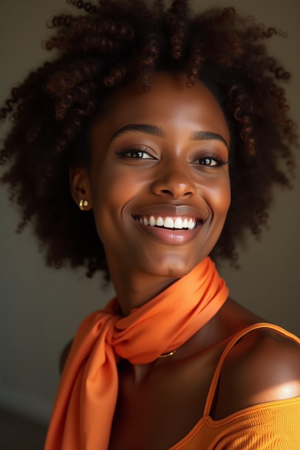 woman with a seductive smile, donned in a soft silk scarf , under warm indoor lighting