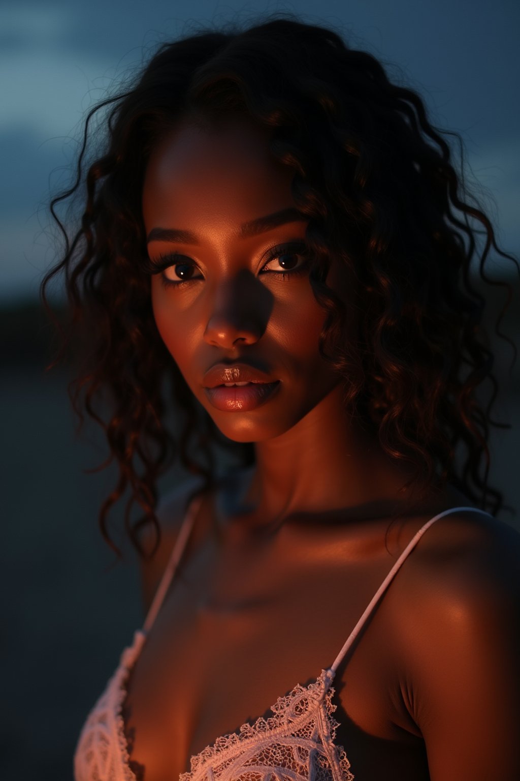 woman with enticing gaze, adorned with a delicate lace outfit  against a twilight backdrop