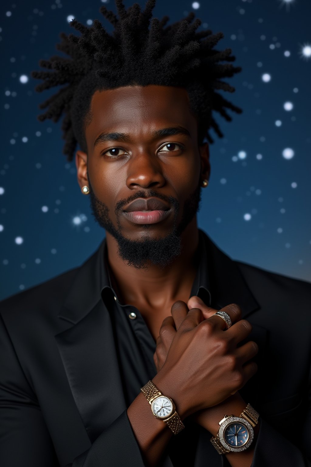 man with magnetic appeal, adorned in  luxurious cufflinks, against a starry night backdrop