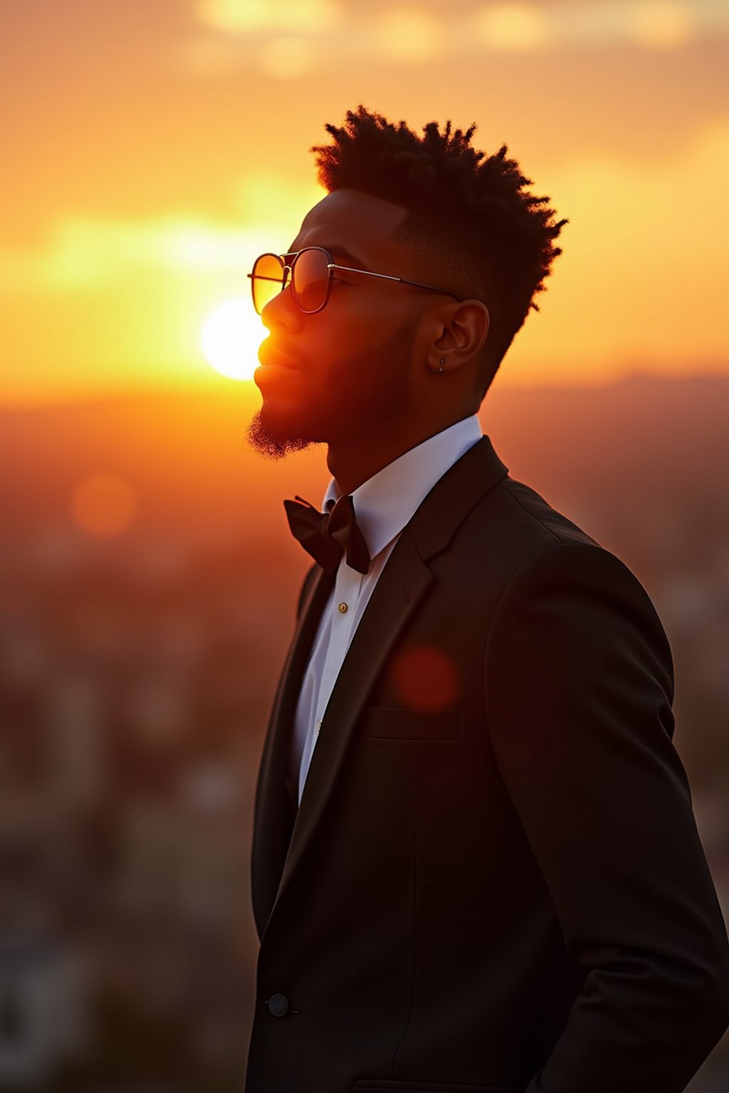 man in  dapper suit, radiating allure under the soft glow of a sunset