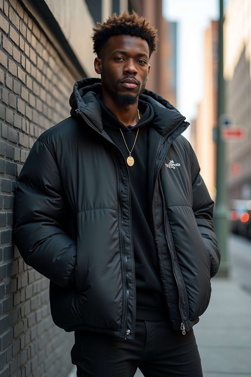 man in  modern, fashionable attire against an edgy urban backdrop