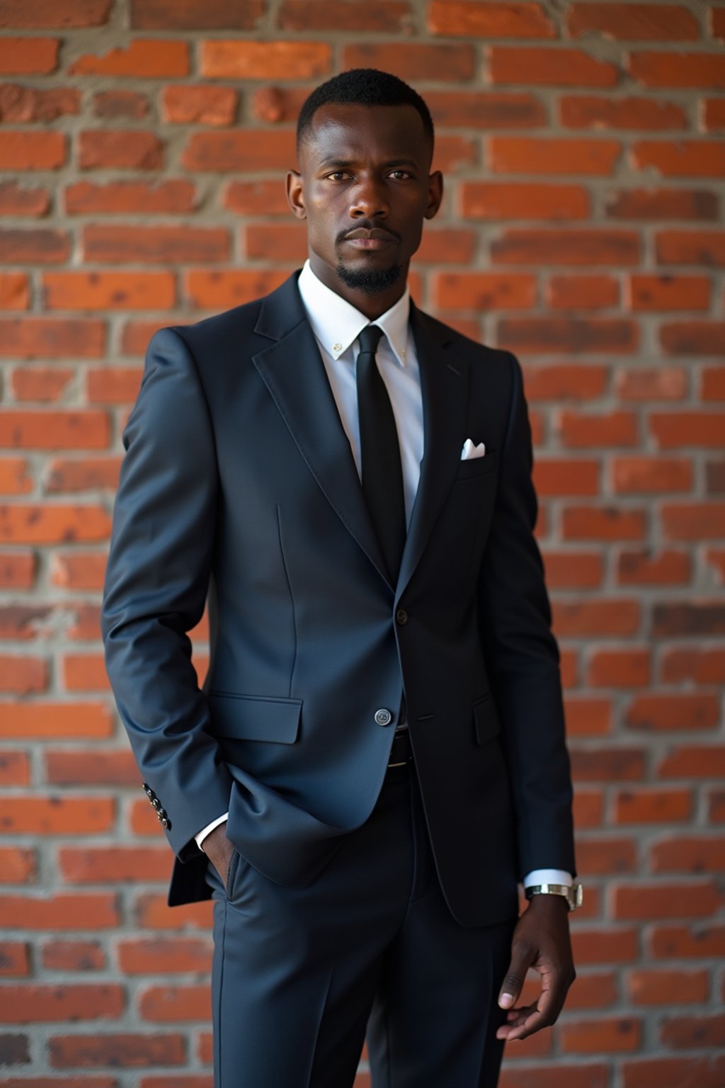 (full-body shot) of man in  sharp, tailored suit against a classic brick wall background