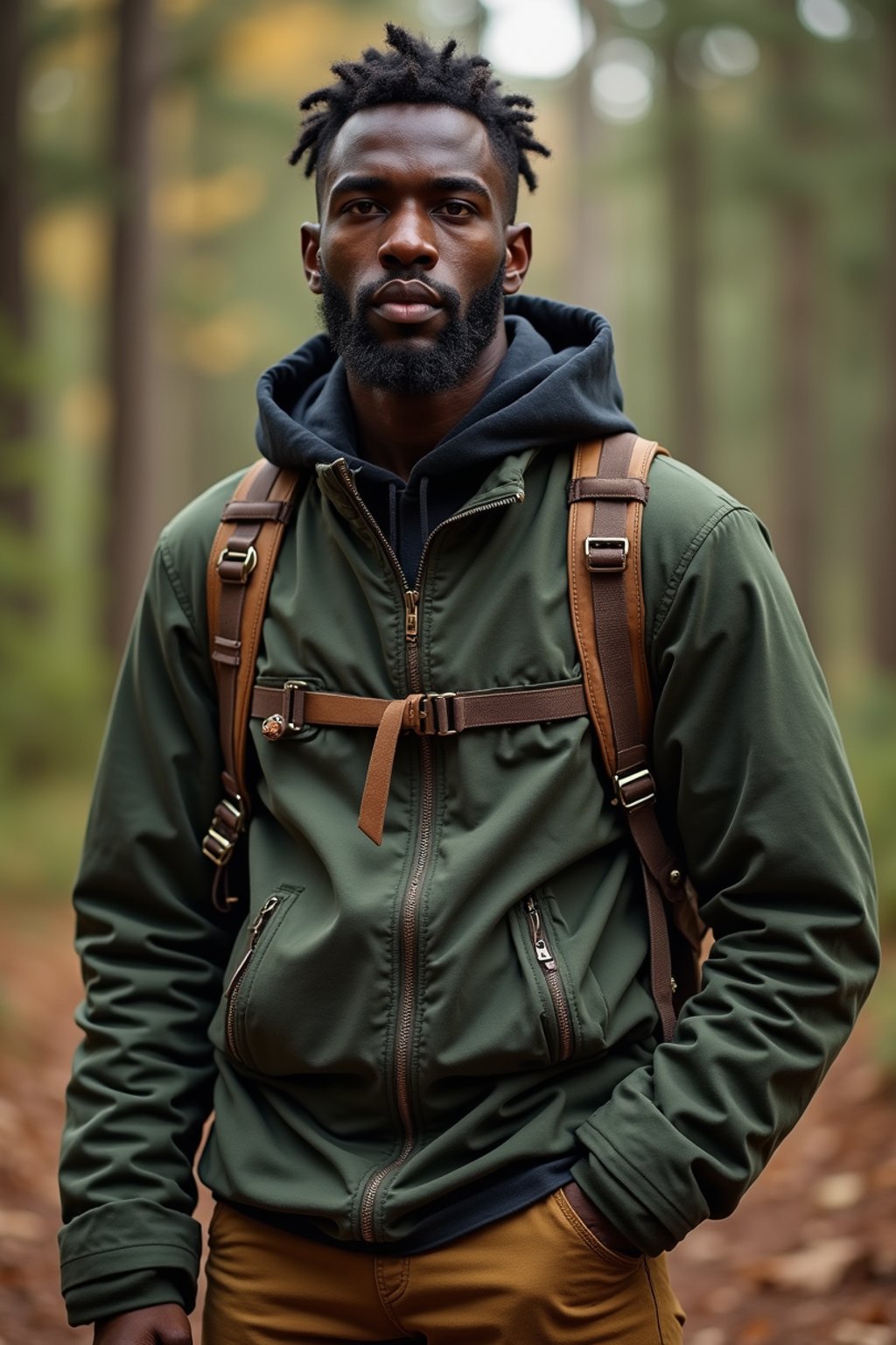 man with enticing allure in  rugged outdoor outfit in a serene forest setting