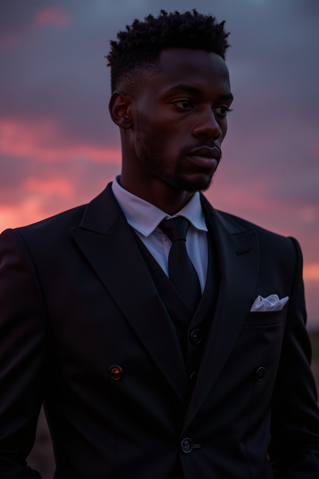 man with enticing gaze, adorned with  sharp, stylish suit against a twilight backdrop