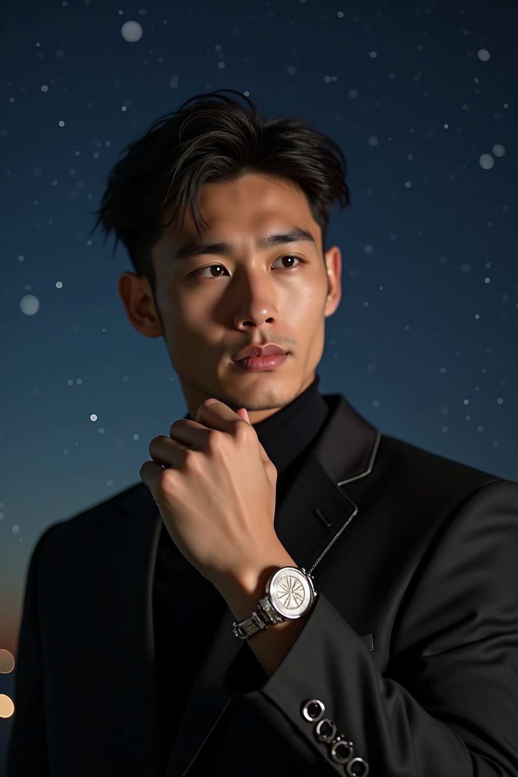 man with magnetic appeal, adorned in  luxurious cufflinks, against a starry night backdrop