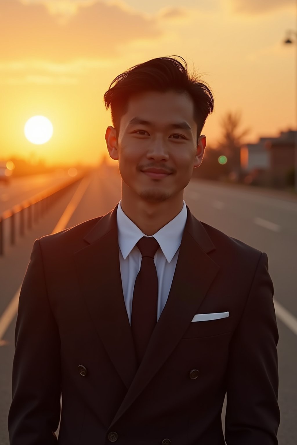 man in  dapper suit, radiating allure under the soft glow of a sunset