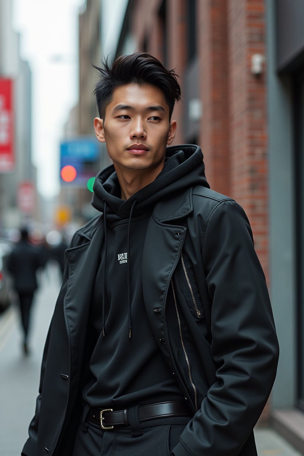 man in  modern, fashionable attire against an edgy urban backdrop