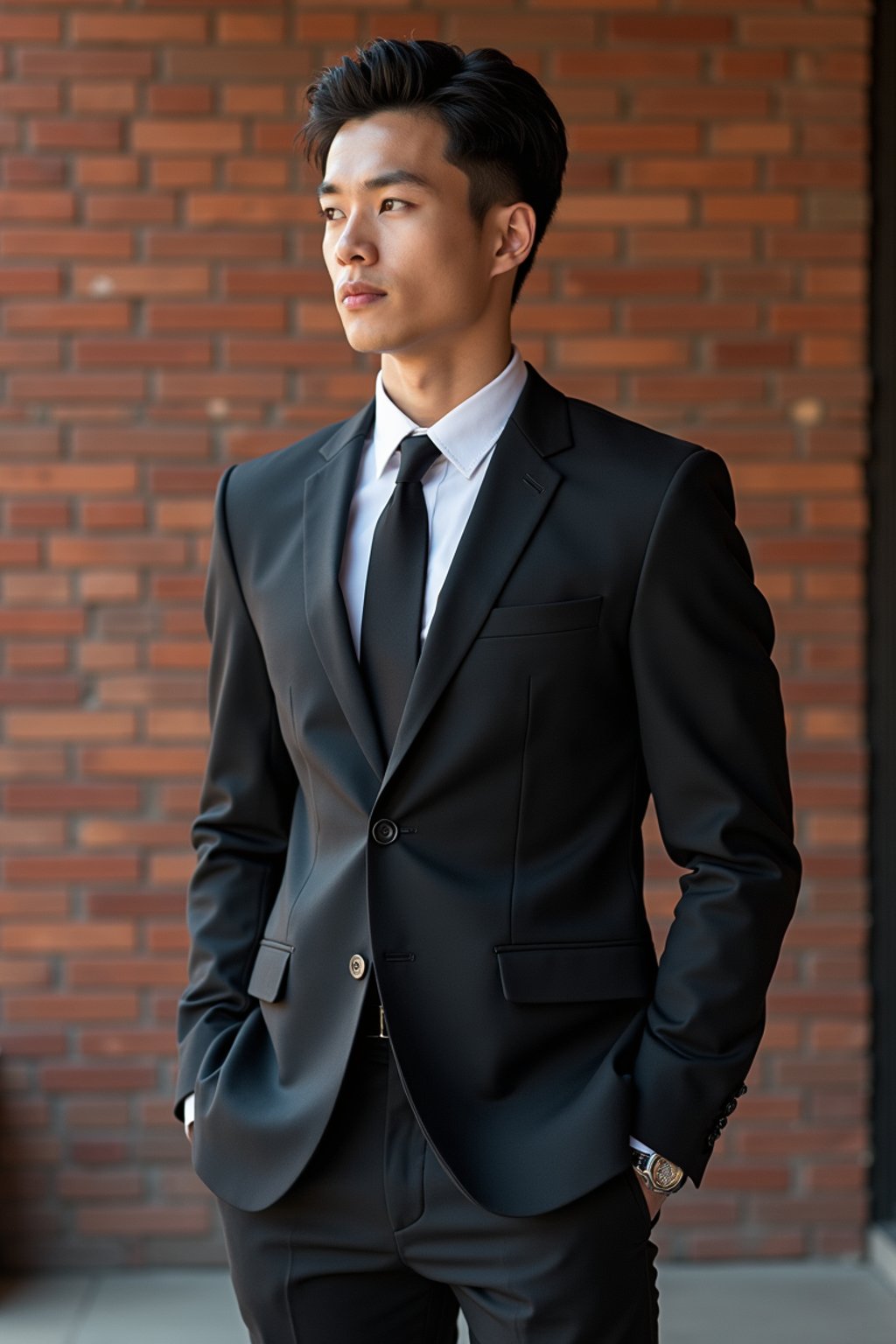 (full-body shot) of man in  sharp, tailored suit against a classic brick wall background