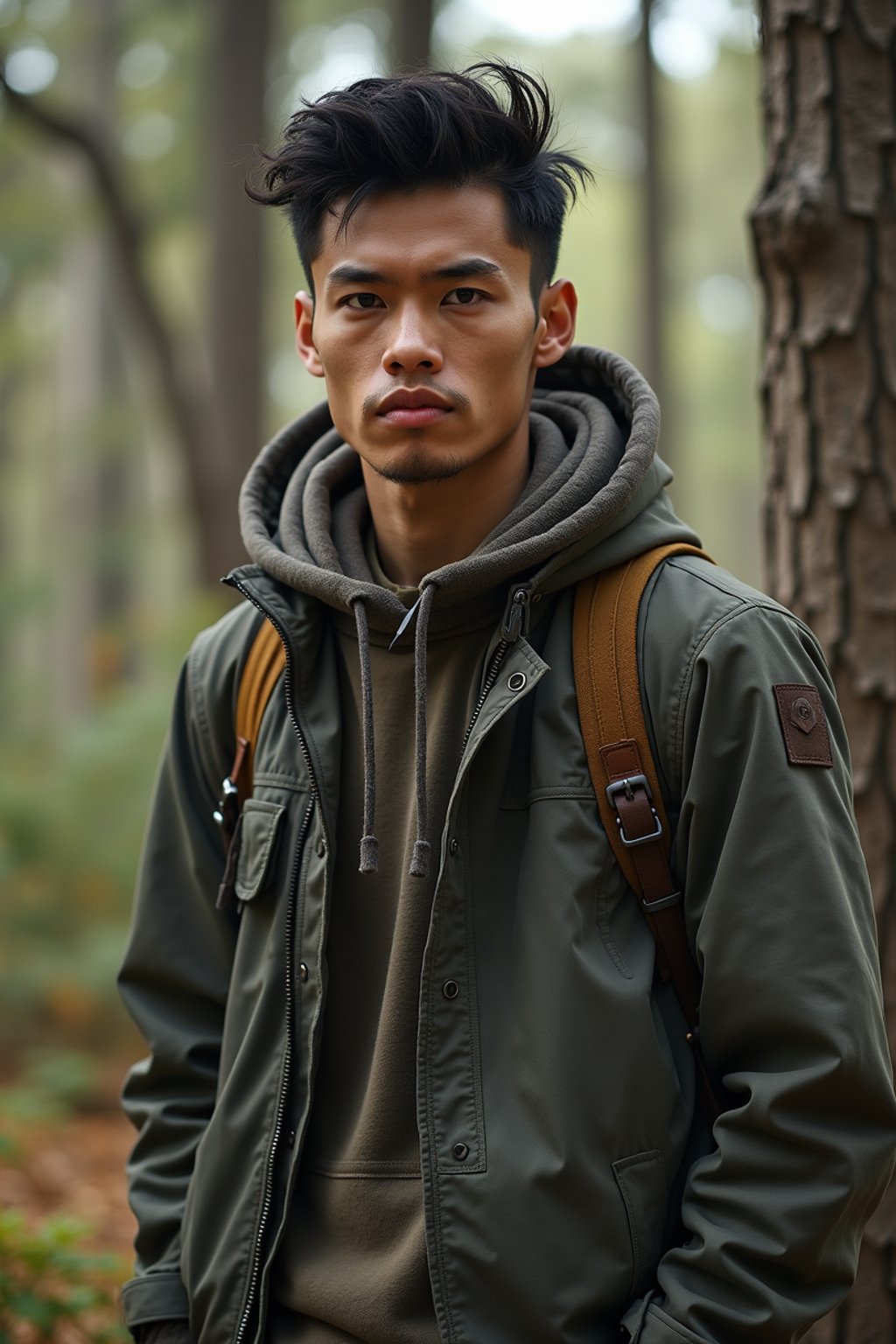 man with enticing allure in  rugged outdoor outfit in a serene forest setting