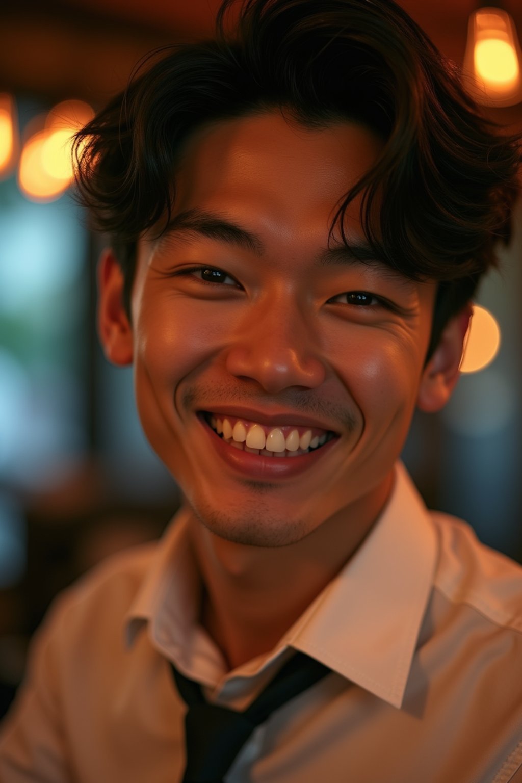 man with a seductive smile, donned in a  classy tie, under warm indoor lighting