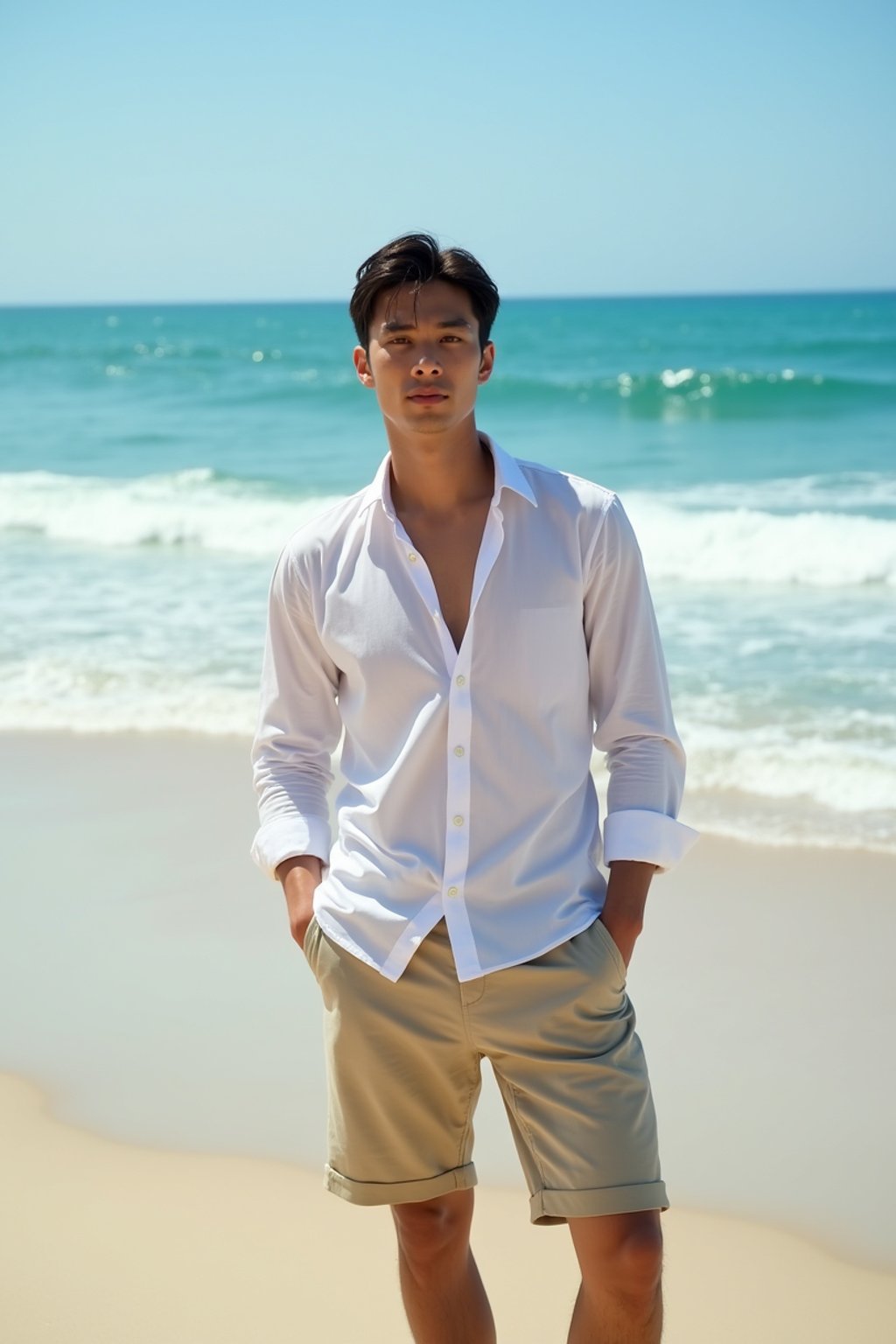 (full-body shot) of man in a  smart casual beach attire, posed against a vibrant beach setting