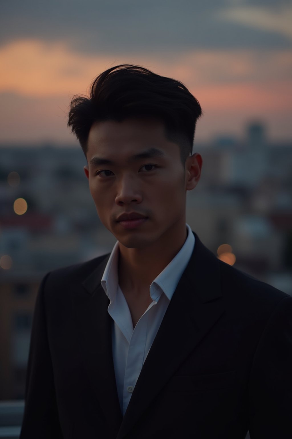 man with enticing gaze, adorned with  sharp, stylish suit against a twilight backdrop