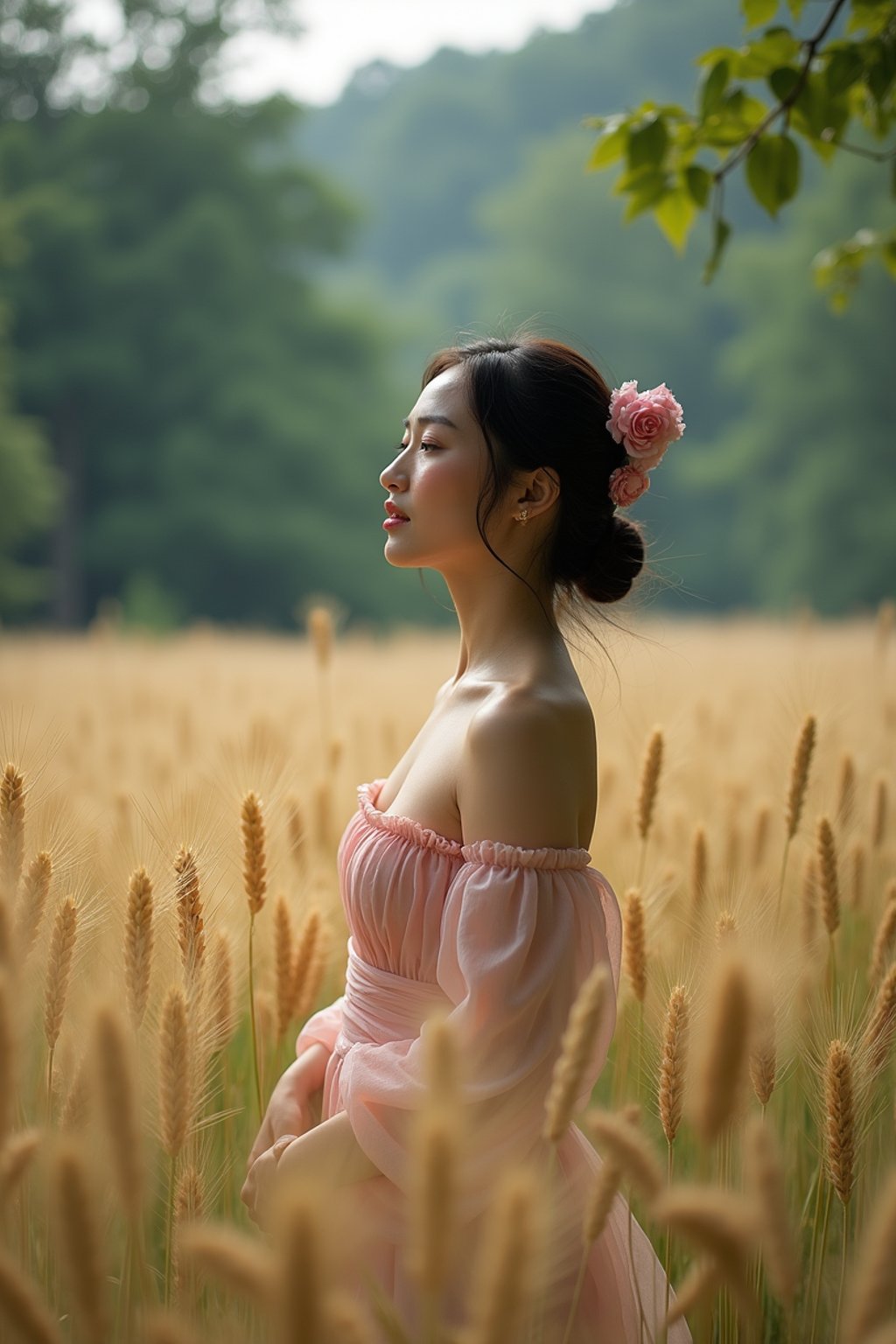 woman outside in nature in forest or jungle or a field of wheat enjoying the natural world