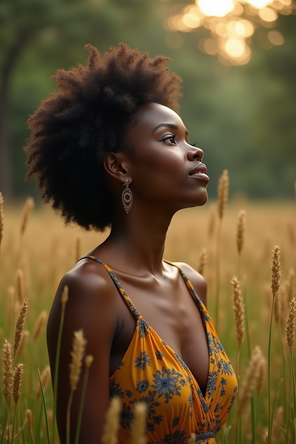 woman outside in nature in forest or jungle or a field of wheat enjoying the natural world