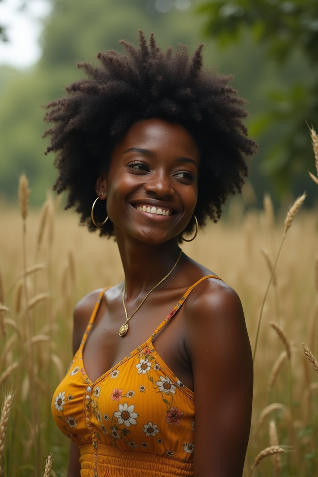 woman outside in nature in forest or jungle or a field of wheat enjoying the natural world