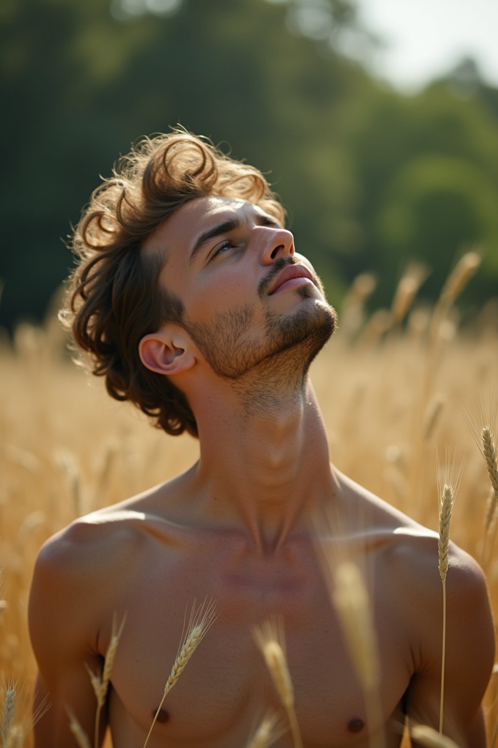 man outside in nature in forest or jungle or a field of wheat enjoying the natural world