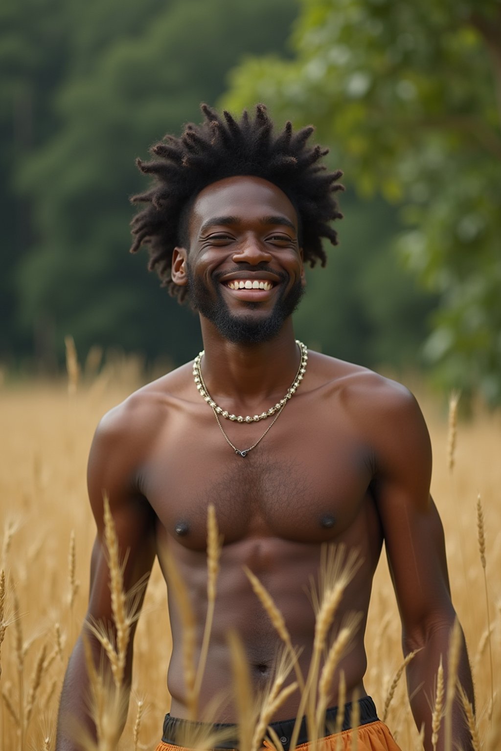 man outside in nature in forest or jungle or a field of wheat enjoying the natural world