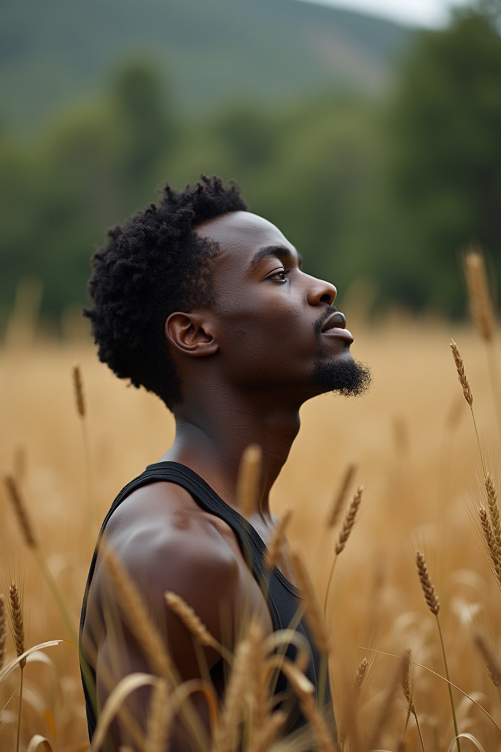 man outside in nature in forest or jungle or a field of wheat enjoying the natural world